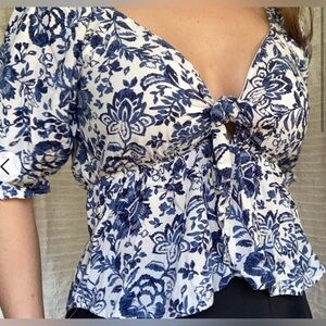 Francesca's Blue and White Ruffled Peplum Blouse